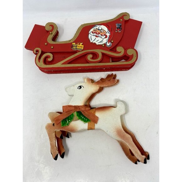 Vintage 1950s Red Wooden Santa Sleigh With Felted Reindeer Japan Folds Flat - Picture 11 of 15